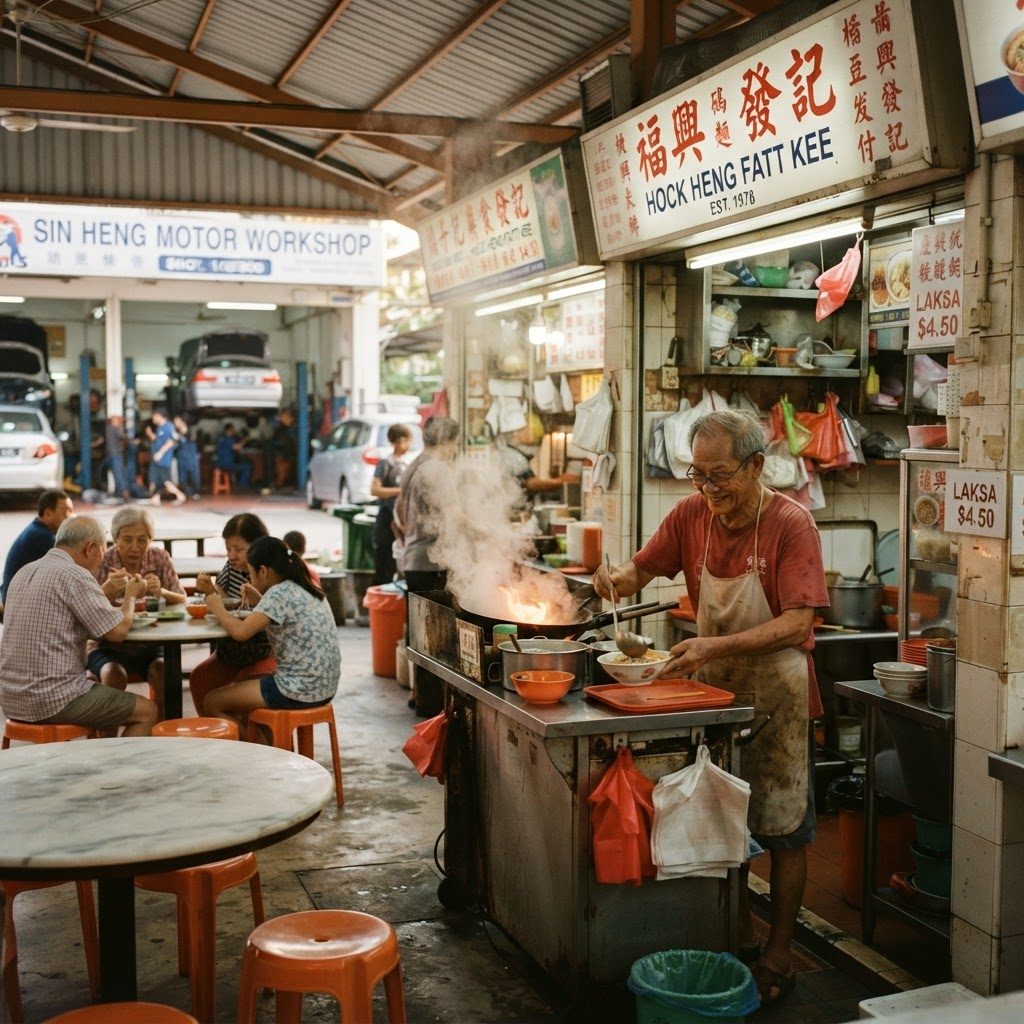 A hawker uncle serving noodles at a traditional stall in Alexandra Village, with repair workshops in the background