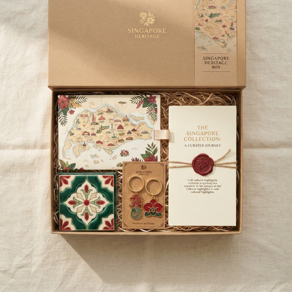 Premium Singapore heritage corporate gift box with map print, tile coasters, and keychains