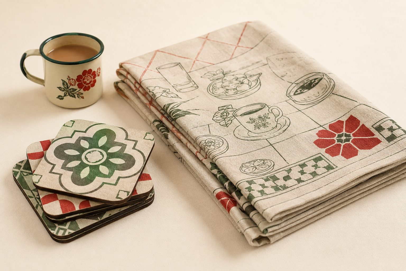 Singapore Foodways tea towel and coaster set with kopitiam illustrations
