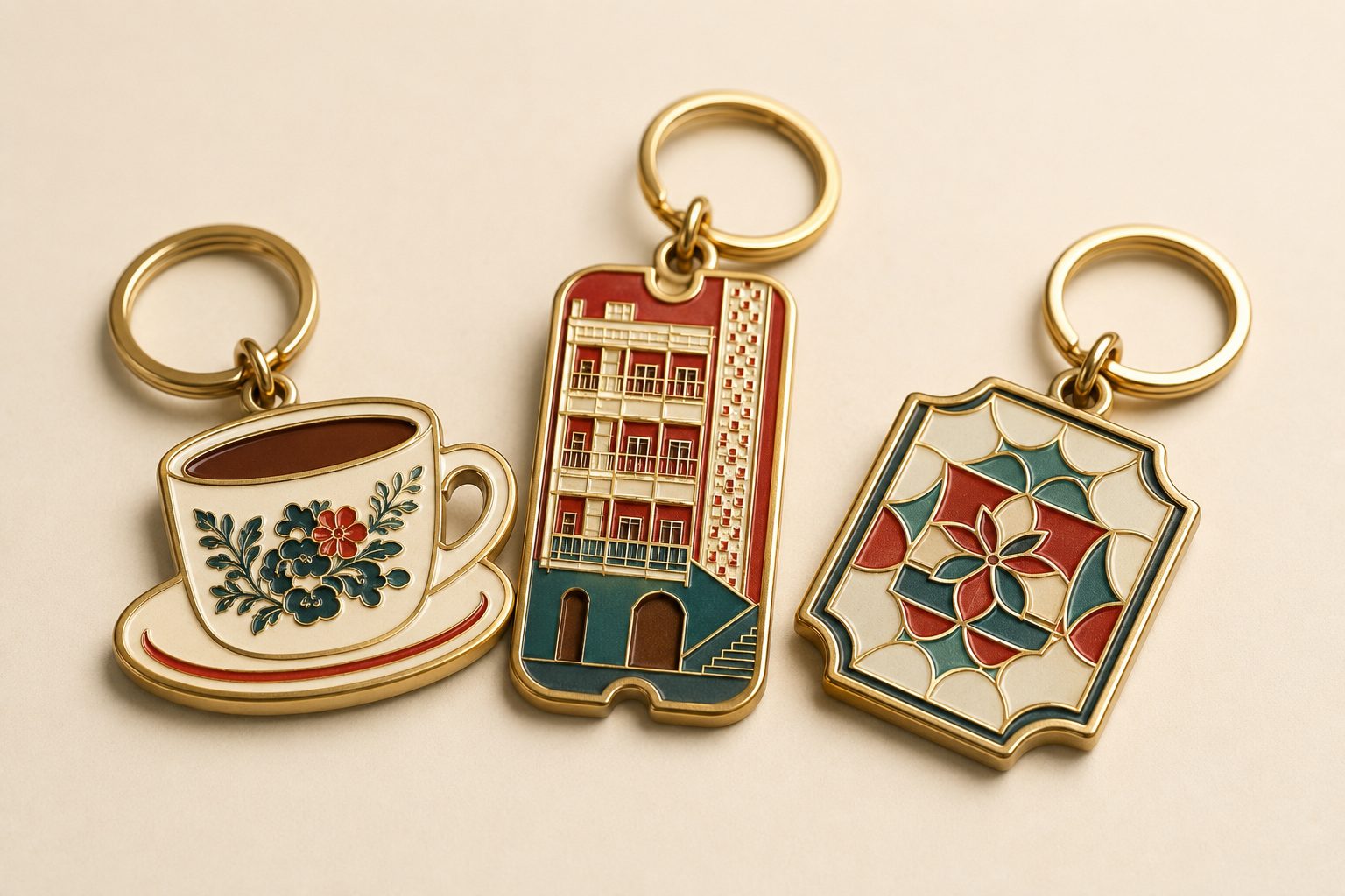 Three gold enamel heritage keychains: kopitiam cup, shophouse, and Peranakan tile