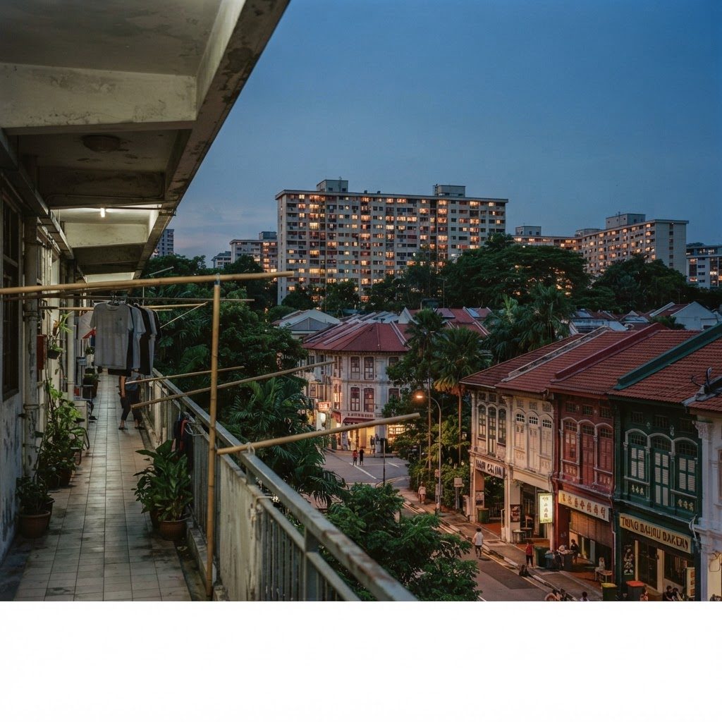Old Singapore neighbourhood at dusk with red-roofed shophouses and warm lit windows