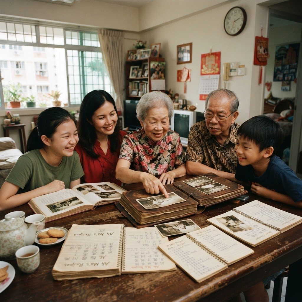 Multigenerational family looking through old photo albums and handwritten recipes together