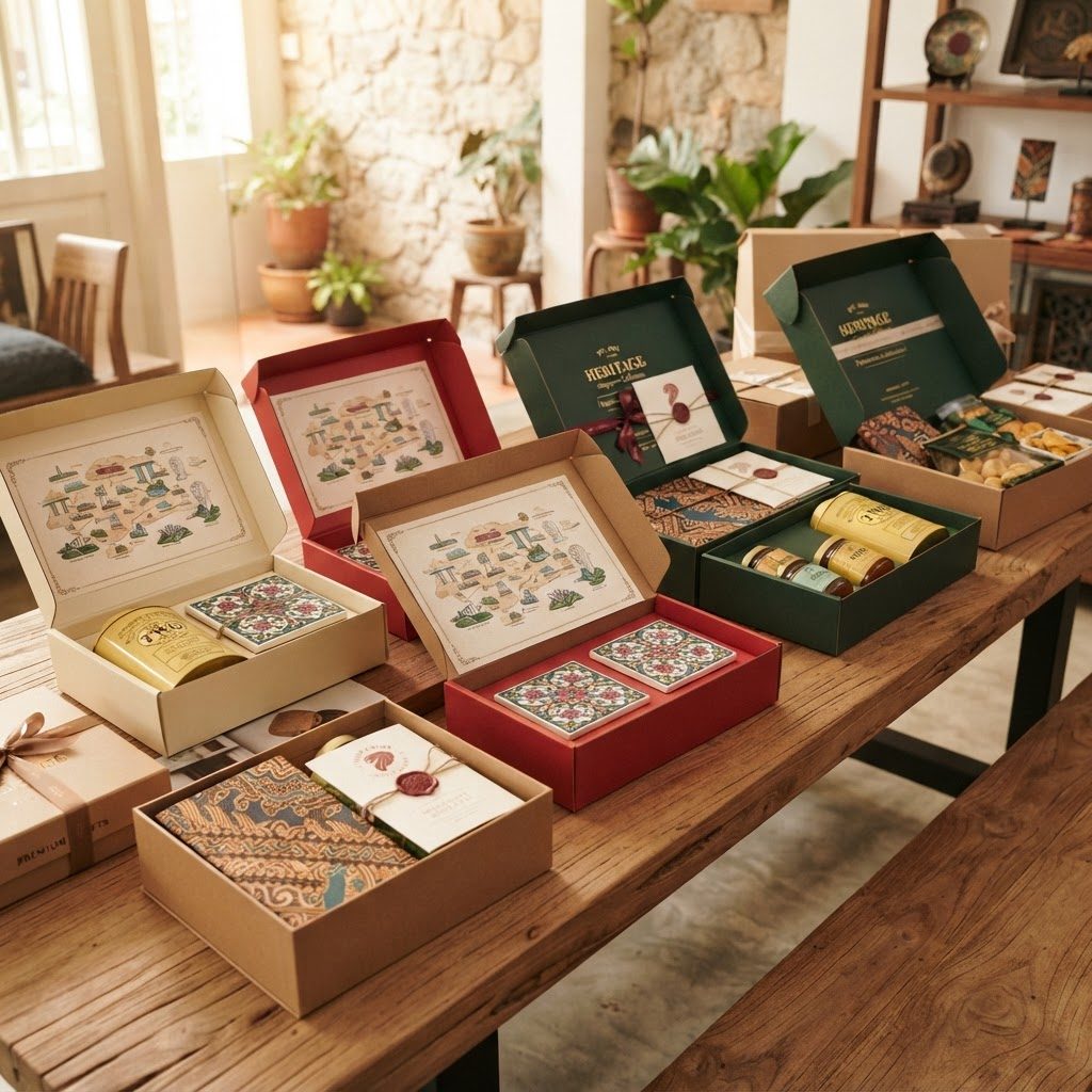 Premium heritage corporate gift boxes with map prints, coasters, and wax-sealed story cards