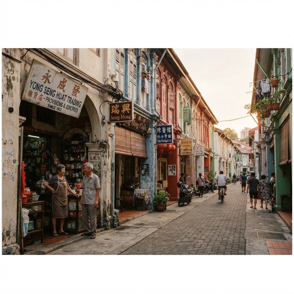 Old Singapore shophouse street at golden hour with hand-painted signboards
