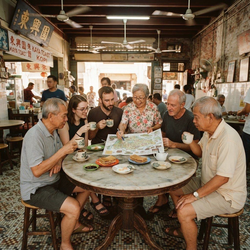 Visitors and locals sharing a kopitiam table with kaya toast, kopi, and a paper map