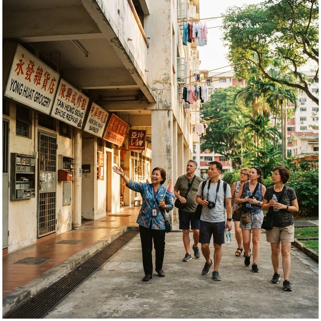Local guide leading a small walking tour group through an old Singapore estate