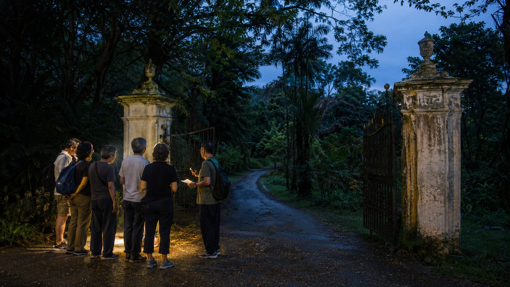 A small organised heritage group gathering at cemetery gates at blue hour