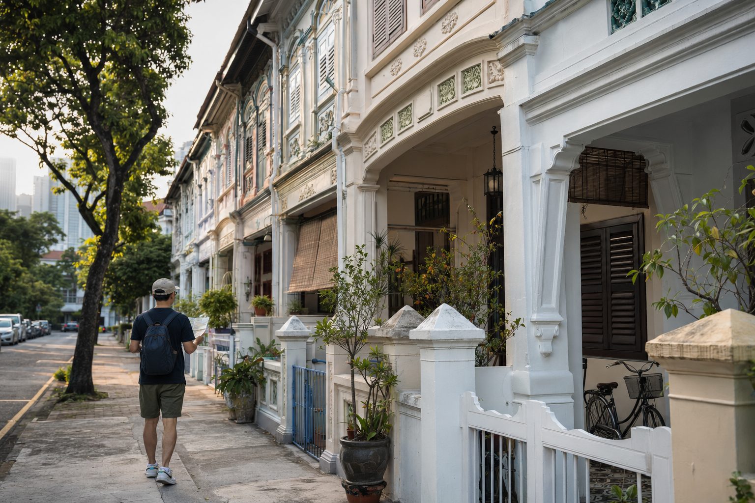 A walker following a paper map beside invented Joo Chiat-style terrace houses