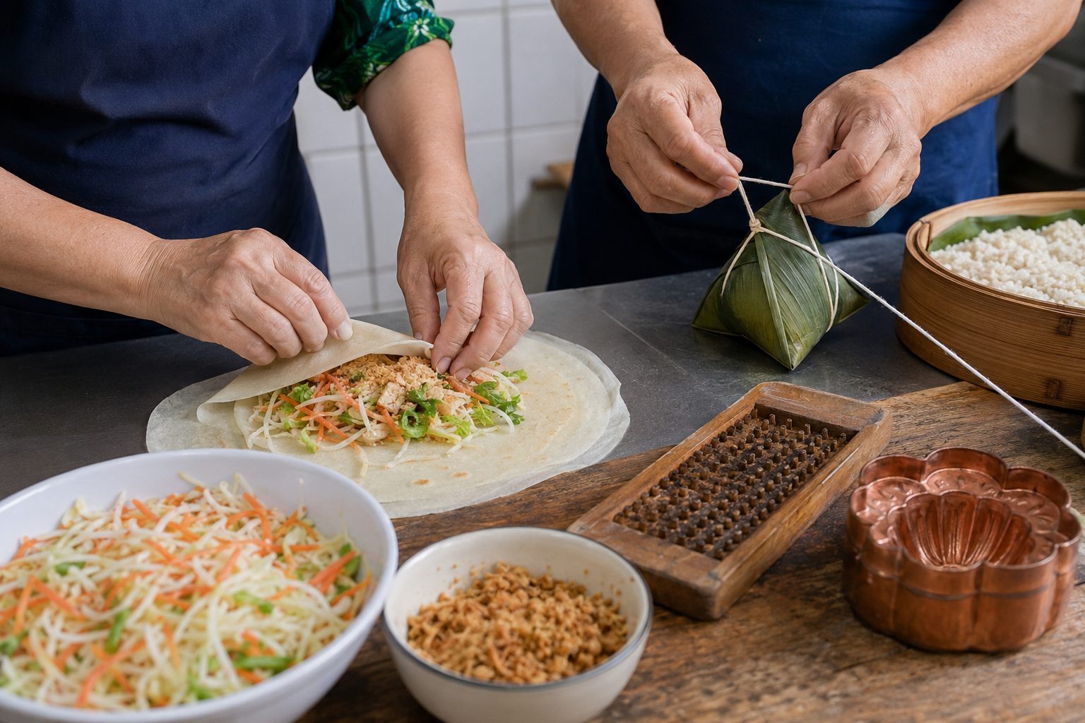 Fictional workers preparing popiah and tying a leaf-wrapped rice dumpling