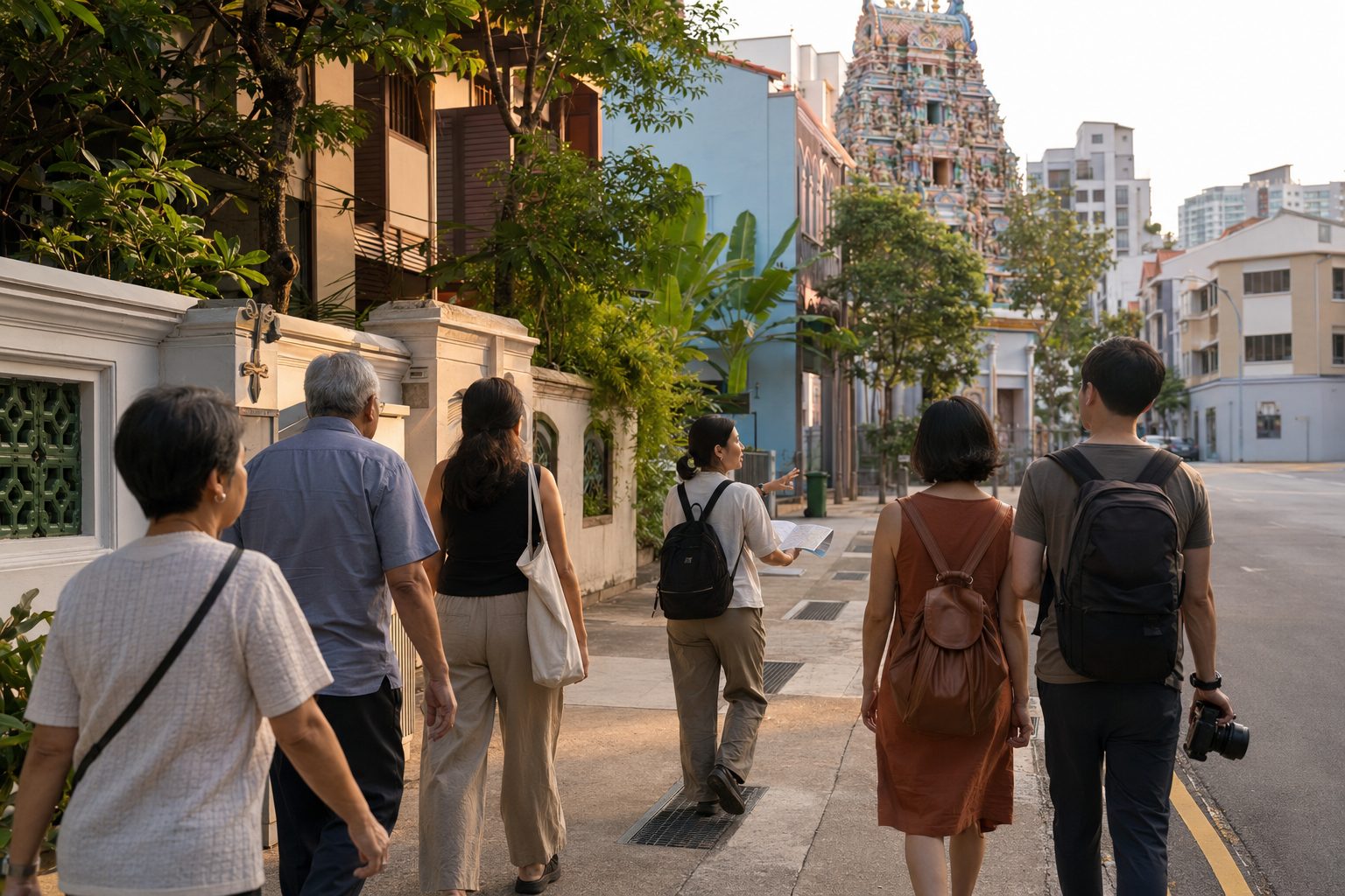 A fictional heritage group walking toward an invented Ceylon Road-style temple view