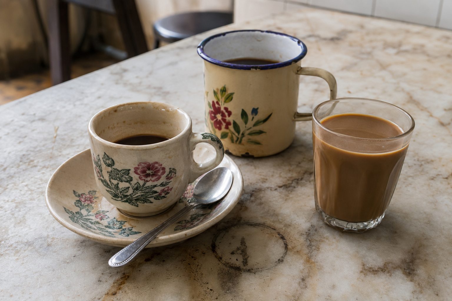 A porcelain cup and saucer, enamel mug and kopi glass on a worn marble table