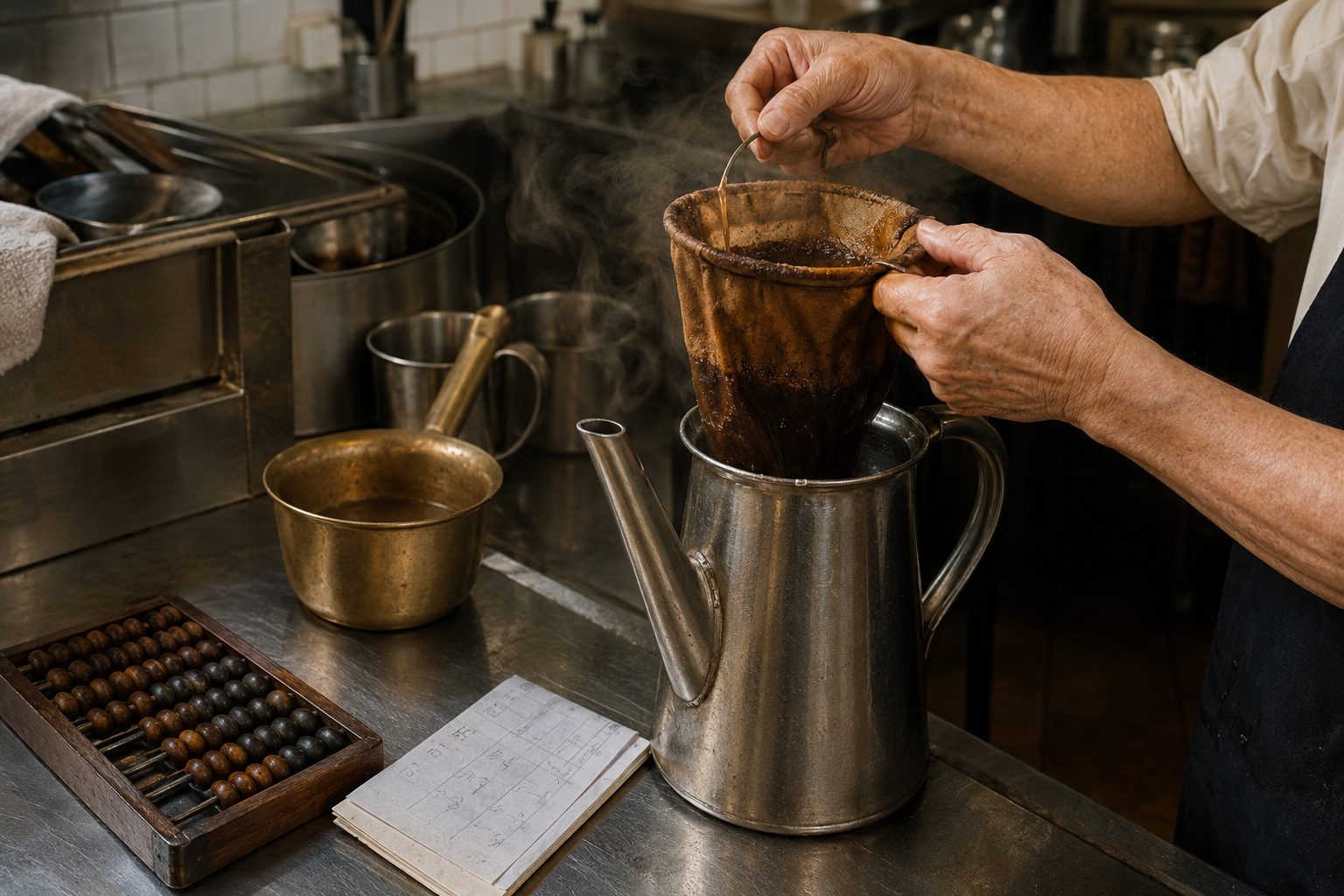 A drink seller's hands lifting a cloth coffee filter above a long-spouted kettle