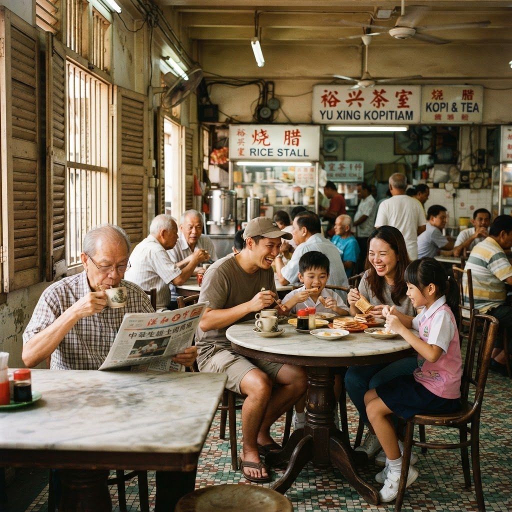 A multigenerational morning crowd sharing marble-topped tables in a neighbourhood kopitiam