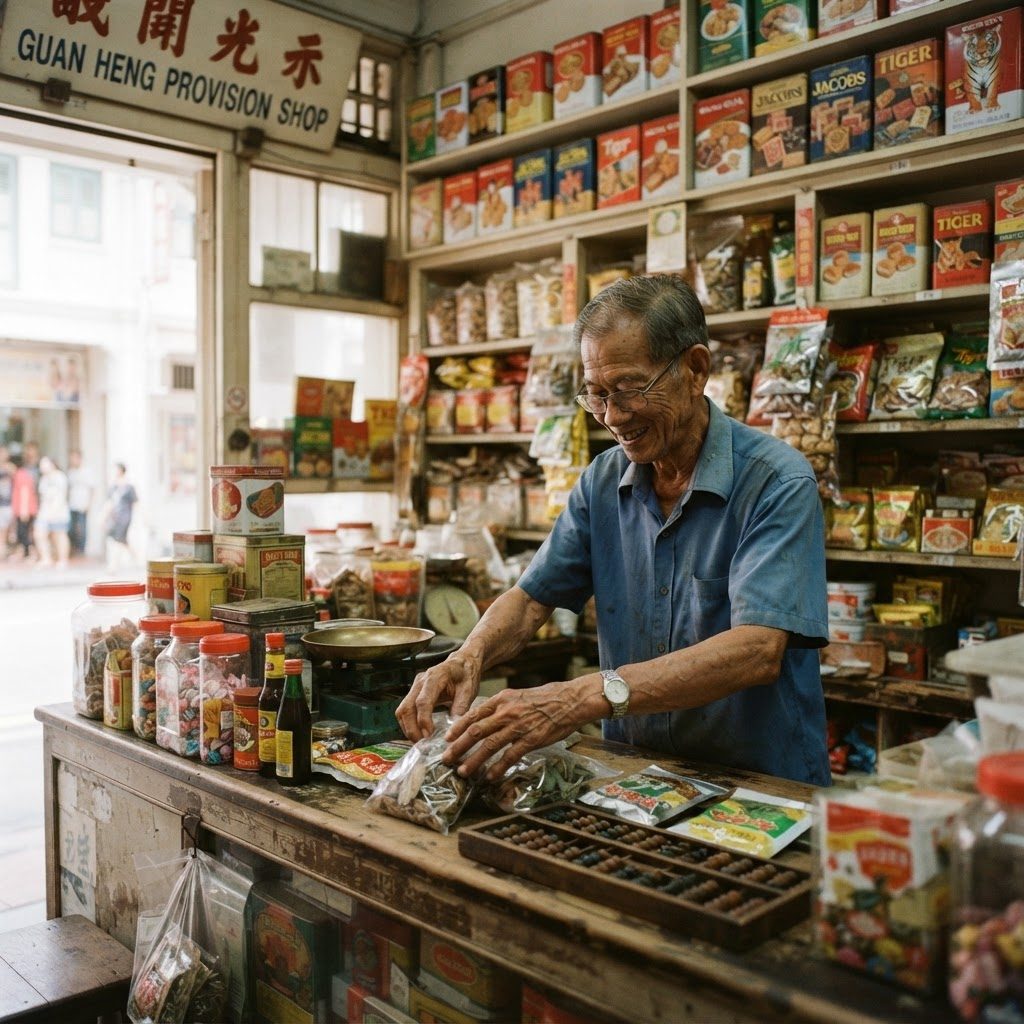 Elderly provision shop owner behind his wooden counter in an old shophouse